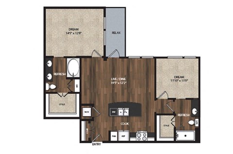 Floor plan for 2 beds, 2 baths, 1097 sqft